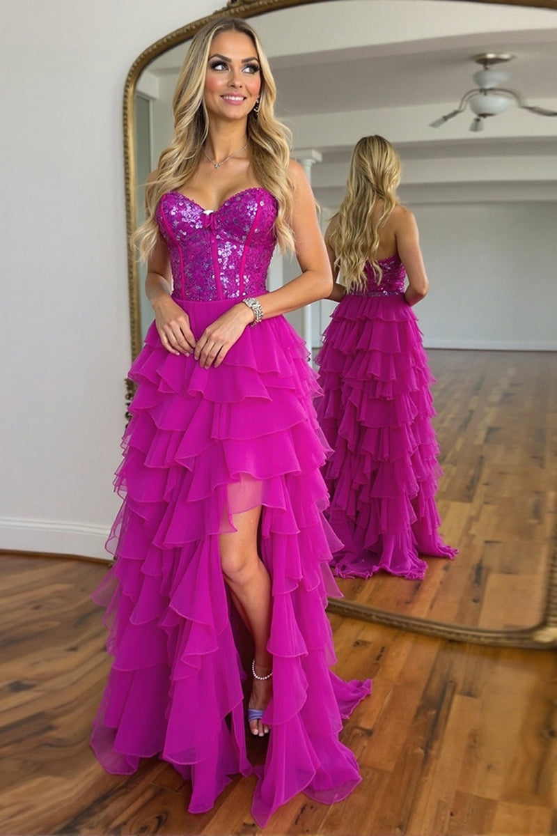 Load image into Gallery viewer, Sparkly Fuchsia Chiffon A Line Sweetheart Prom Dress with Slit