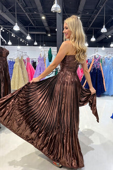 Brown Metallic Strapless Long Prom Dress with Slit