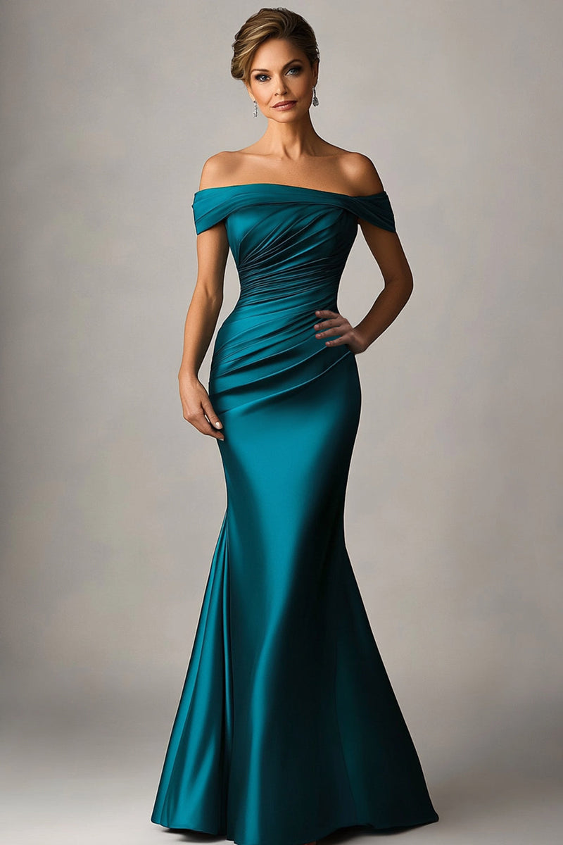 Load image into Gallery viewer, Queendancer Women Elegant Peacock Blue Formal Dress Off the Shoulder Satin Ruched Floor Length Prom Dress