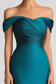 Peacock Blue Satin Ruched Off the Shoulder Long Formal Dress