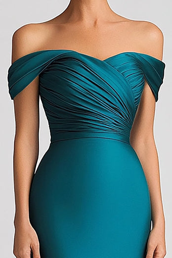 Peacock Blue Satin Ruched Off the Shoulder Long Formal Dress