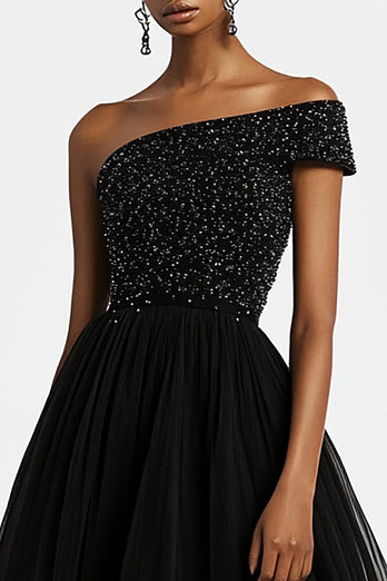 Sparkly Black One Shoulder A Line Long Formal Dress