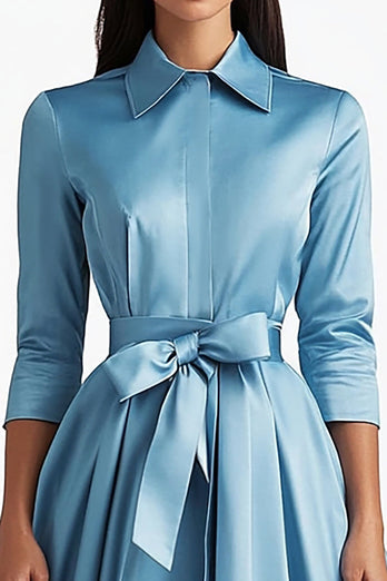 Blue Collar Neck Satin Tea Length Formal Dress with Bow