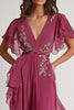 Load image into Gallery viewer, Floral Dark Pink Chiffon V-Neck Asymmetrical Long Formal Dress