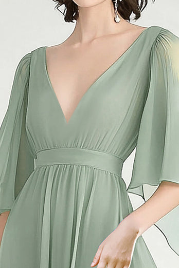 Dusty Sage A Line Chiffon V-Neck Long Formal Dress