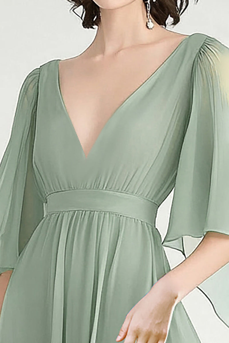 Load image into Gallery viewer, Dusty Sage A Line Chiffon V-Neck Long Formal Dress