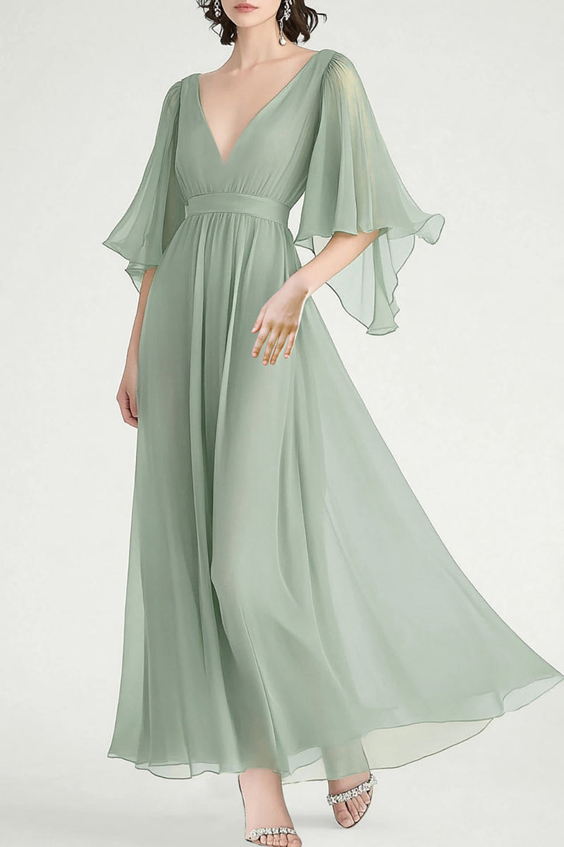 Load image into Gallery viewer, Queendancer Women Dusty Sage Chiffon Formal Dress with Ruffled A Line V-Neck Half Sleeves Long Wedding Guest Dress