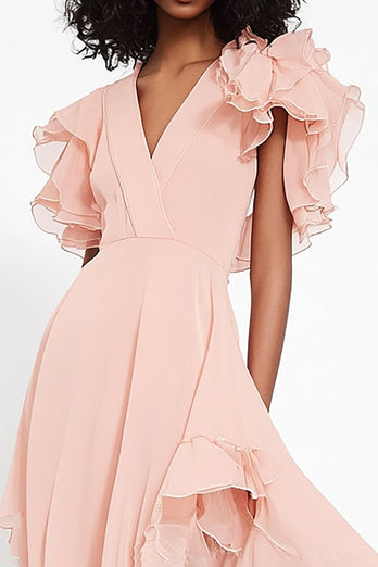 Pink Chiffon Ruffled V-Neck Long Formal Dress