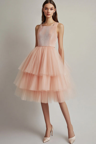 Queendancer Women Pink Tulle Formal Dress Square Neck Tiered A Line Knee Length Gala Ball Dress