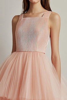 Pink Square Neck Knee Length Tiered Formal Dress