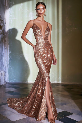 Queendancer Women Sparkly Rose Gold Sequin Formal Dress with Slit Mermaid Deep V-Neck Open Back Spaghetti Straps Long Prom Dress