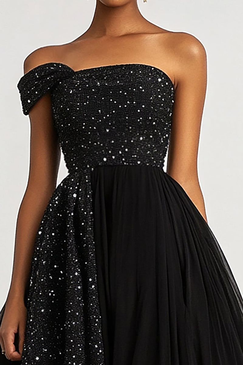 Load image into Gallery viewer, Black Ball Gown Sparkly One Shoulder Long Formal Dress with Slit