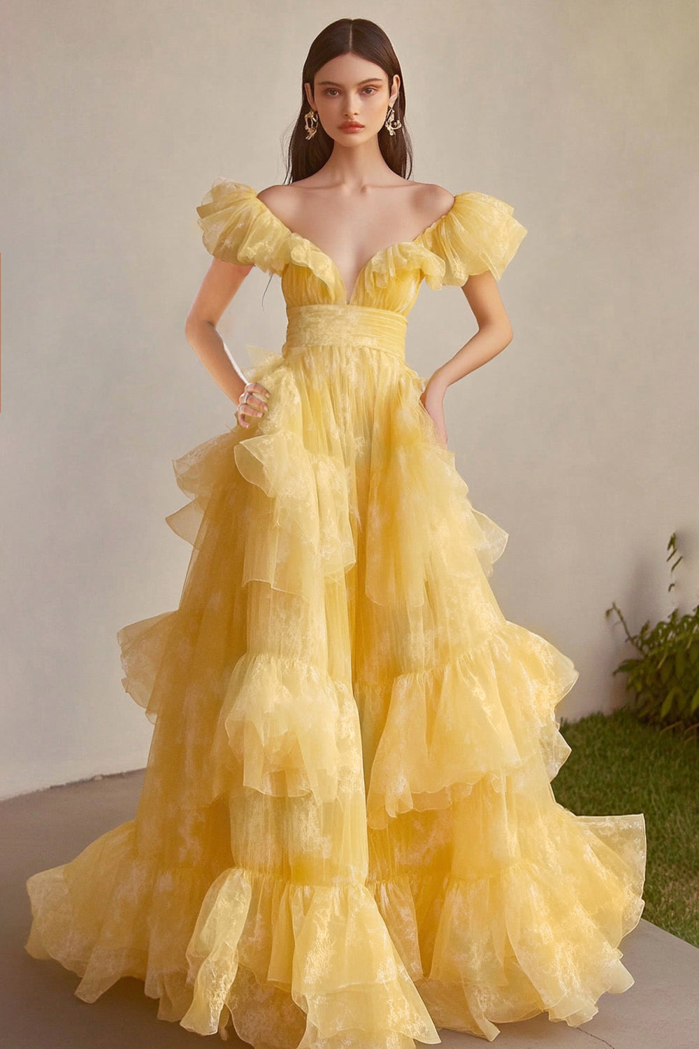 Queendancer Women Yellow Tulle Tiered Formal Dress Ball Gown Off the Shoulder V-Neck Long Prom Dress