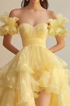 Ball Gown Sweetheart Yellow High Low Tiered Long Formal Dress