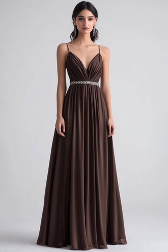 Queendancer Women Coffee Chiffon Formal Dress with Rhinestone A Line Pleated Spaghetti Straps Floor Length Prom Dress