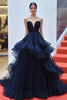 Load image into Gallery viewer, Queendancer Women Navy Tulle Ball Gown Formal Dress Strapless Tiered Red Carpet Dress