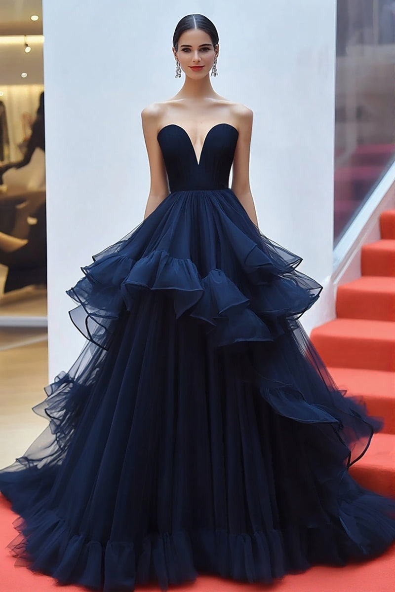 Load image into Gallery viewer, Queendancer Women Navy Tulle Ball Gown Formal Dress Strapless Tiered Red Carpet Dress