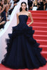 Load image into Gallery viewer, Queendancer Women Navy Tulle Ball Gown Formal Dress Strapless Tiered Red Carpet Dress