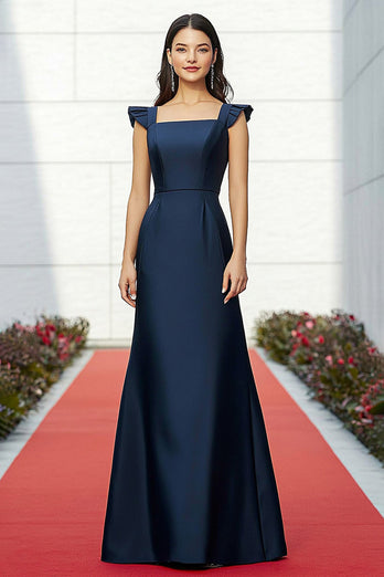 Queendancer Women Navy Satin Formal Dress A Line Square Neck Ruffled Sleeves Floor Length Gala Ball Dress