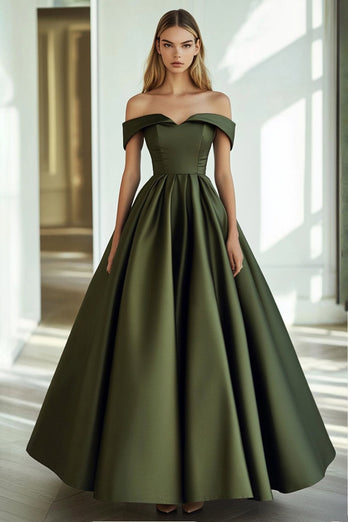 Queendancer Women Olive Satin Formal Dress Ball Gown Off the Shoulder Pleated Floor Length Gala Ball Dress