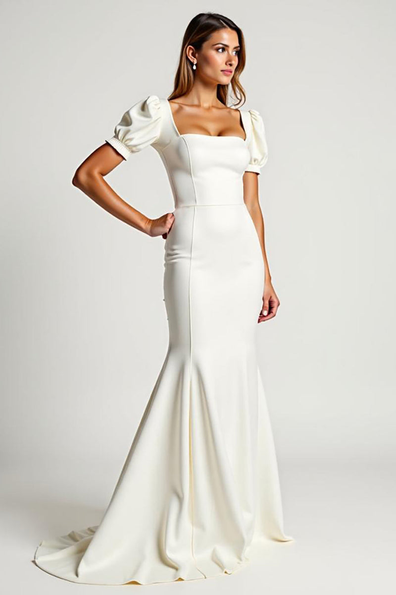Load image into Gallery viewer, Ivory Square Neck Mermaid Crepe Long Rehearsal Dinner Dress with Puff Sleeves