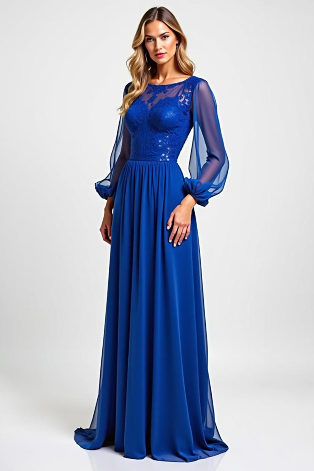 Royal Blue Chiffon Embroderied Mother of the Bride Dress with Long Sleeves