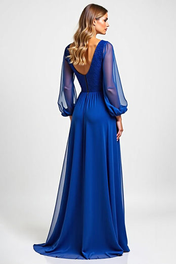 Royal Blue Chiffon Embroderied Mother of the Bride Dress with Long Sleeves