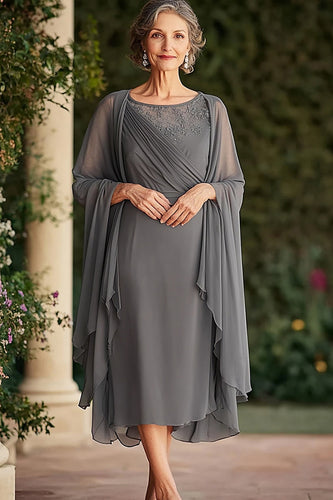 Grey Tea Length Chiffon Mother of the Bride Dress with Shawl