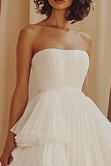 Flowy Tiered White Strapless A Line Long Graduation Dress