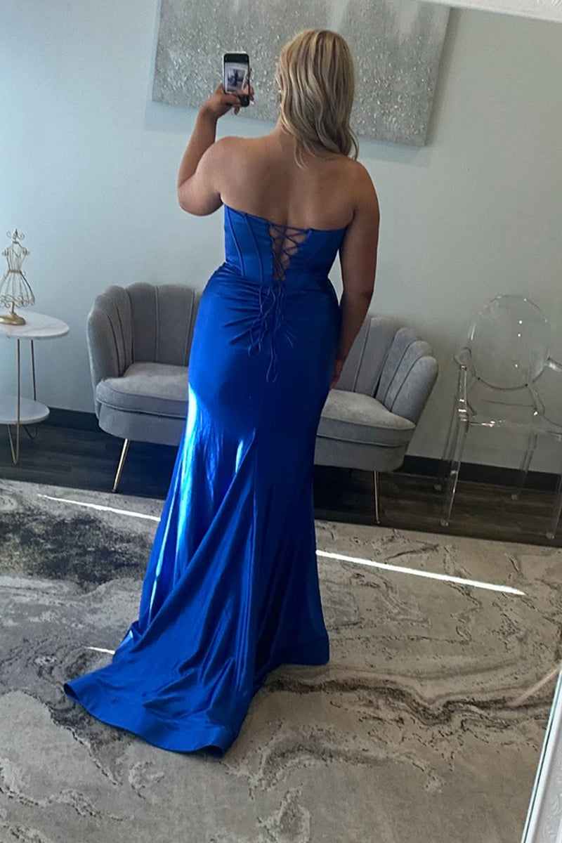 Load image into Gallery viewer, Royal Blue Satin Sweetheart Corset Long Prom Dress with Slit