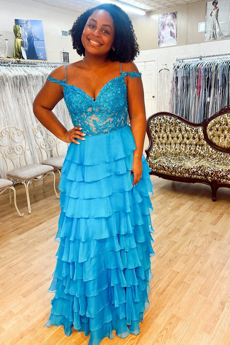 Load image into Gallery viewer, Sparkly Peacock Blue Off the Shoulder Appliques Long Prom Dress with Ruffles