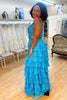 Load image into Gallery viewer, Sparkly Peacock Blue Off the Shoulder Appliques Long Prom Dress with Ruffles