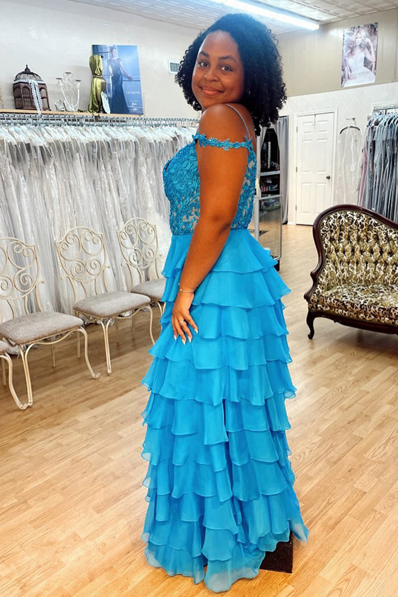 Load image into Gallery viewer, Sparkly Peacock Blue Off the Shoulder Appliques Long Prom Dress with Ruffles