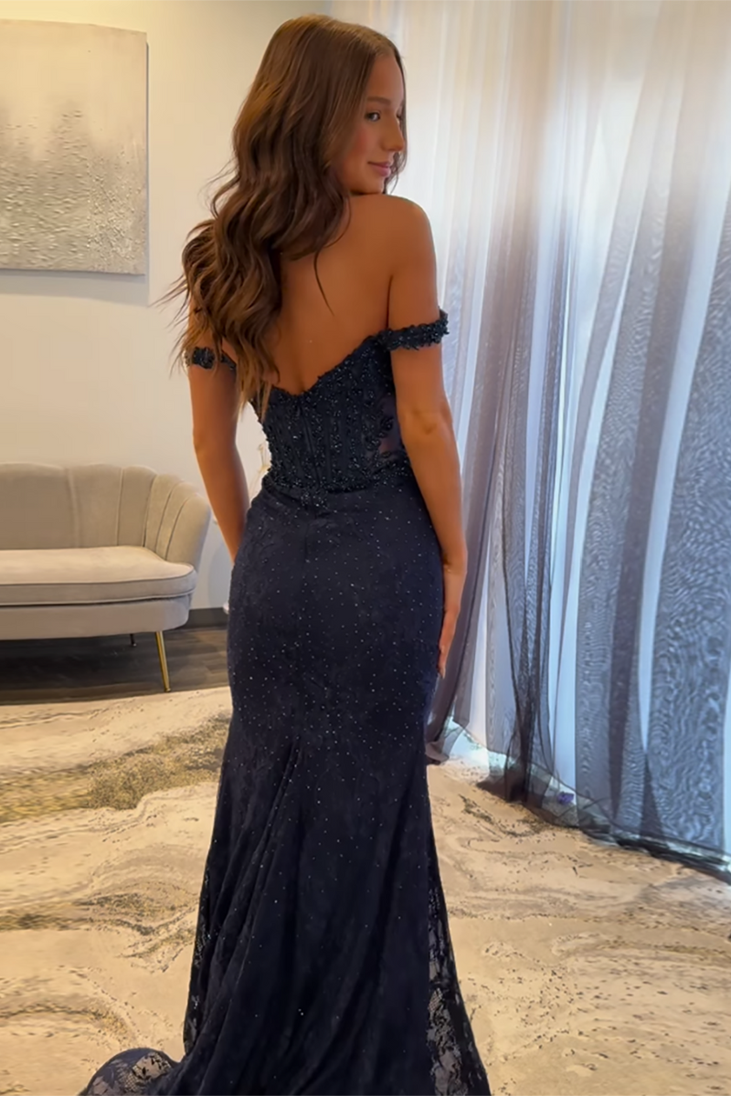 Load image into Gallery viewer, Navy Satin Off the Shoulder Mermaid Long Prom Dress with Lace