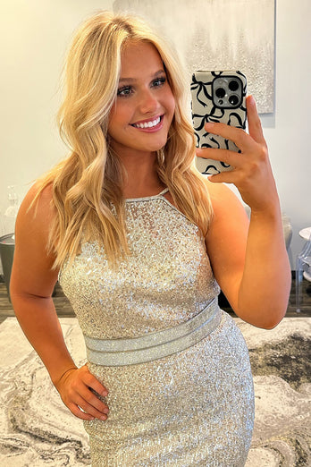 Sparkly Sliver Sequin Mermaid Long Prom Dress