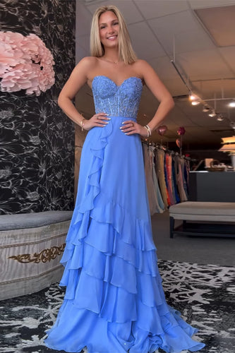 Blue Chiffon Corset Sheath Long Prom Dress with Ruffles