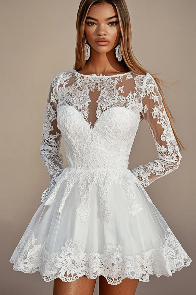 Load image into Gallery viewer, White A Line Lace Embroidered Lone Sleeves Mini Graduation Dress