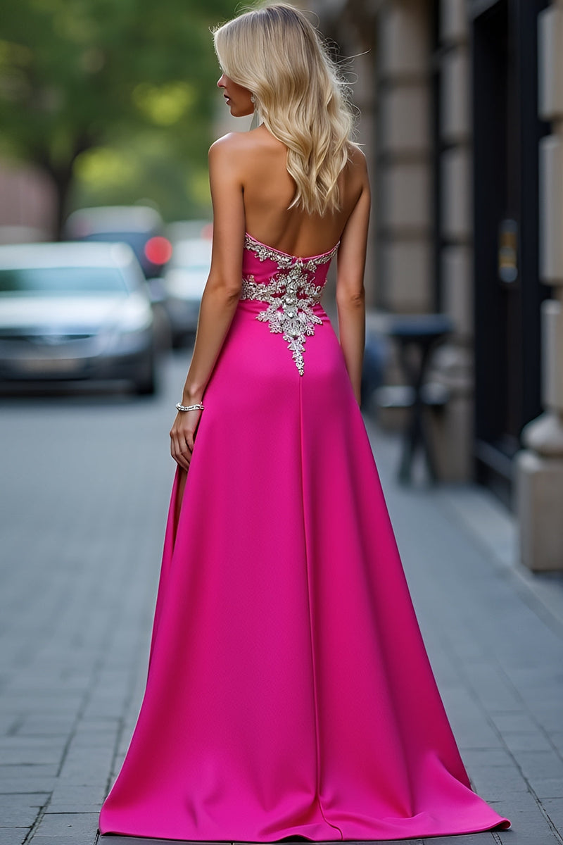 Load image into Gallery viewer, Fuchsia Mermaid Beaded Long Prom Dress with Slit