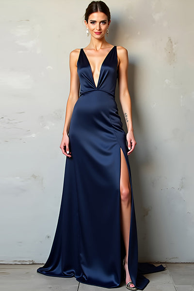 Navy Satin Deep V-Neck Long Formal Dress with Slit