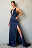 Load image into Gallery viewer, Navy Satin Deep V-Neck Long Formal Dress with Slit