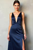 Load image into Gallery viewer, Navy Satin Deep V-Neck Long Formal Dress with Slit