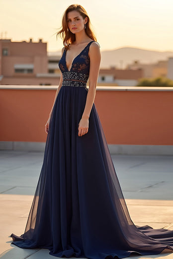 Navy A Line Backless Long Tulle Formal Dress with Beading