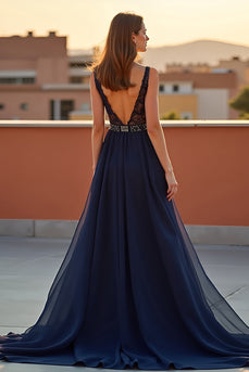 Navy A Line Backless Long Tulle Formal Dress with Beading