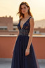 Load image into Gallery viewer, Navy A Line Backless Long Tulle Formal Dress with Beading