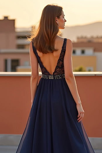 Navy A Line Backless Long Tulle Formal Dress with Beading