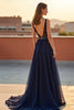 Load image into Gallery viewer, Navy A Line Backless Long Tulle Formal Dress with Beading