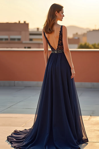 Navy A Line Backless Long Tulle Formal Dress with Beading