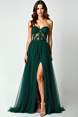 Dark Green A Line Strapless Long Prom Dress with Slit