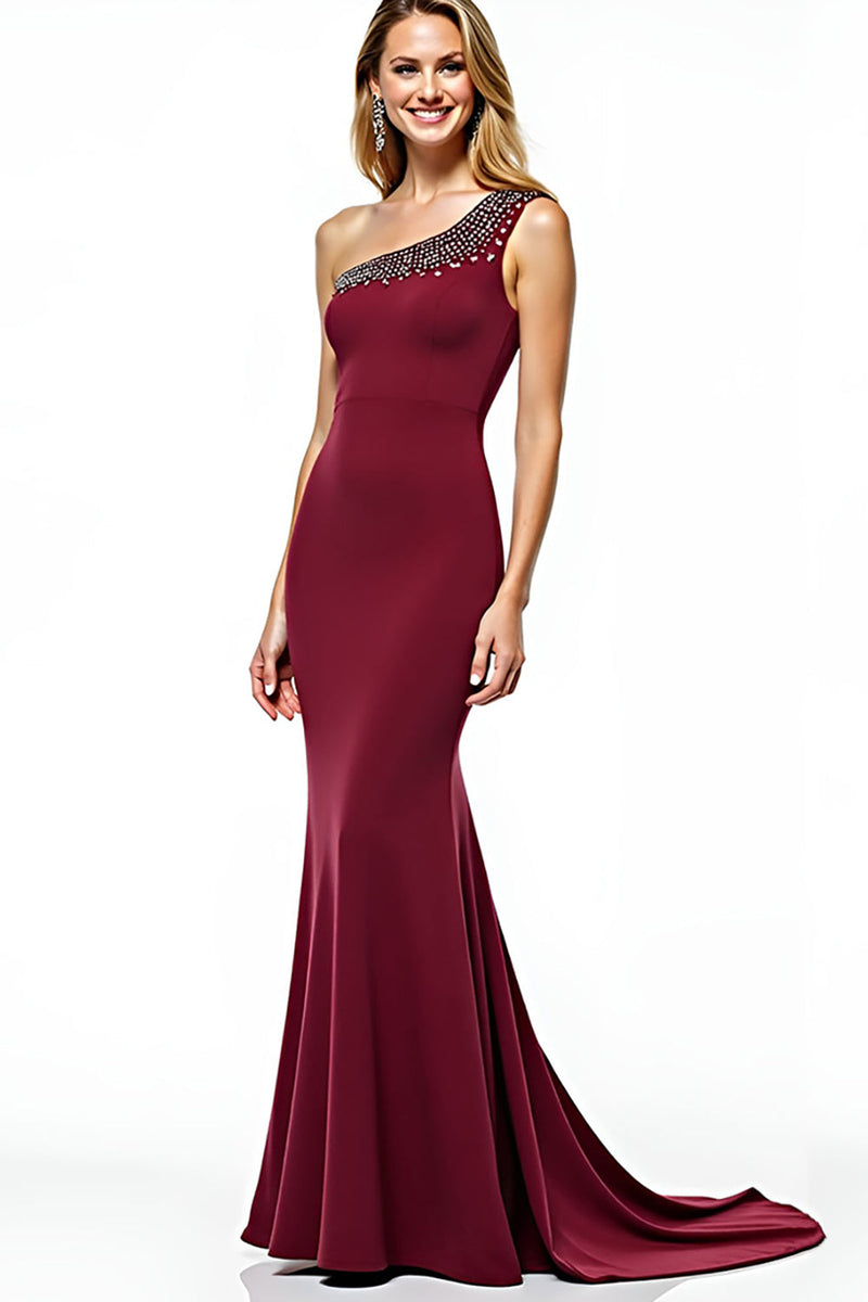 Load image into Gallery viewer, Burgundy One Shoulder Mermaid Long Mother of the Bride Dress