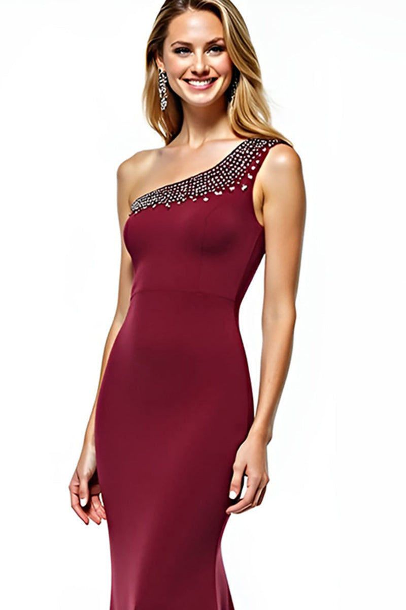 Load image into Gallery viewer, Burgundy One Shoulder Mermaid Long Mother of the Bride Dress